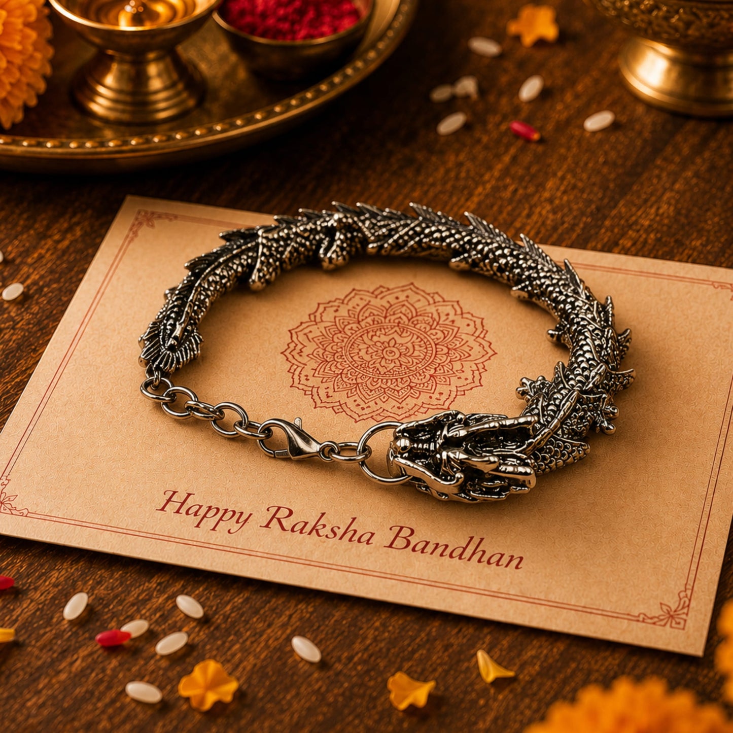 THE MEN THING Steel Bracelets The Perfect Rakhi Gift For Every Brother – TIBETAN DRAGON - Premium Alloy Bracelets With Timeless Style (8inch)