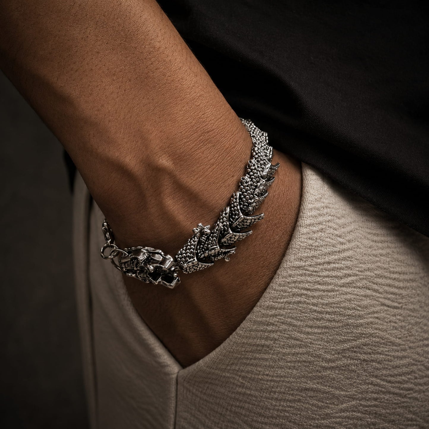 THE MEN THING Steel Bracelets TIBETAN DRAGON -"15"mm Pure Alloy Bracelet with Lobster Claw Buckle for Men & Boys ("8" inch)