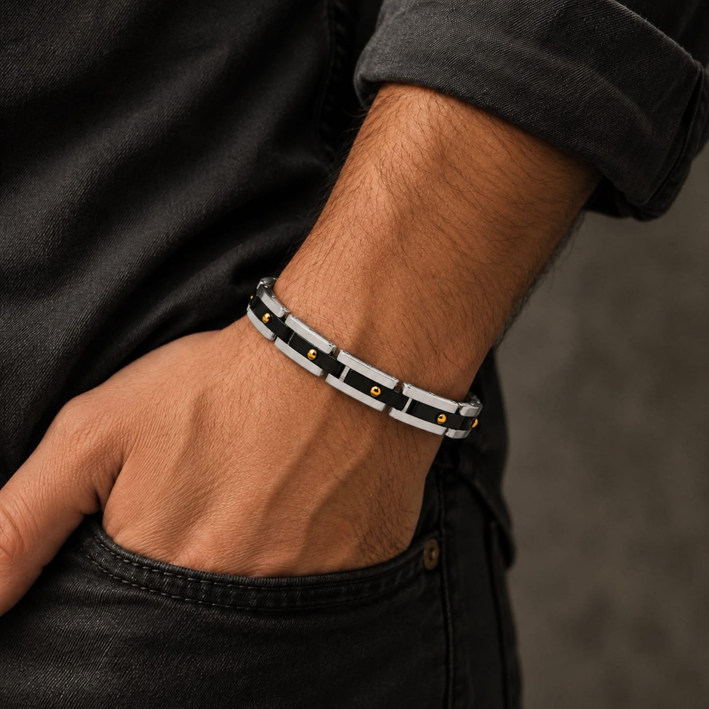 THE MEN THING Steel Bracelets TITAN LINK BLACK - 8mm Pure Titanium Steel Bracelet with Snap-lock Clasp for Men & Boy (8 inch)