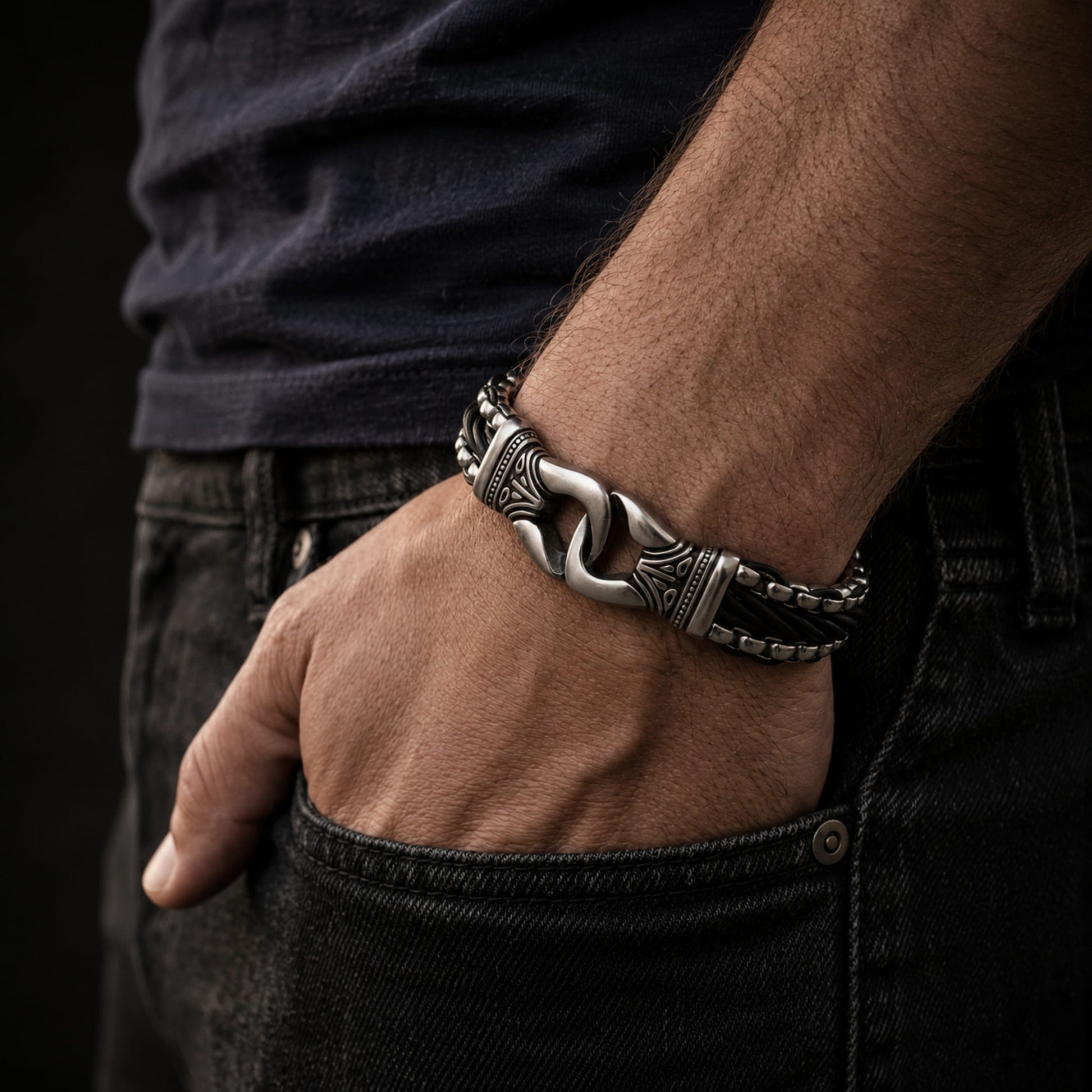 THE MEN THING Steel Bracelets TRIBAL LINK BRACELET - 17mm Pure Titanium Steel Bracelet, Silver Plated Antique Matt Finish Bracelet for Men & Boy (8inch)