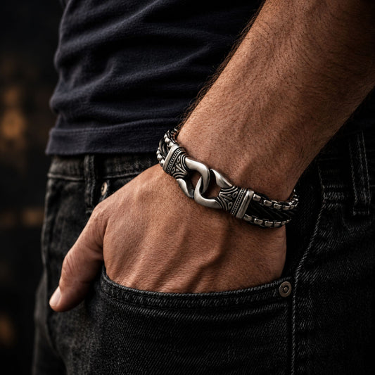 THE MEN THING Steel Bracelets TRIBAL LINK BRACELET - 17mm Pure Titanium Steel Bracelet, Silver Plated Antique Matt Finish Bracelet for Men & Boy (8inch)