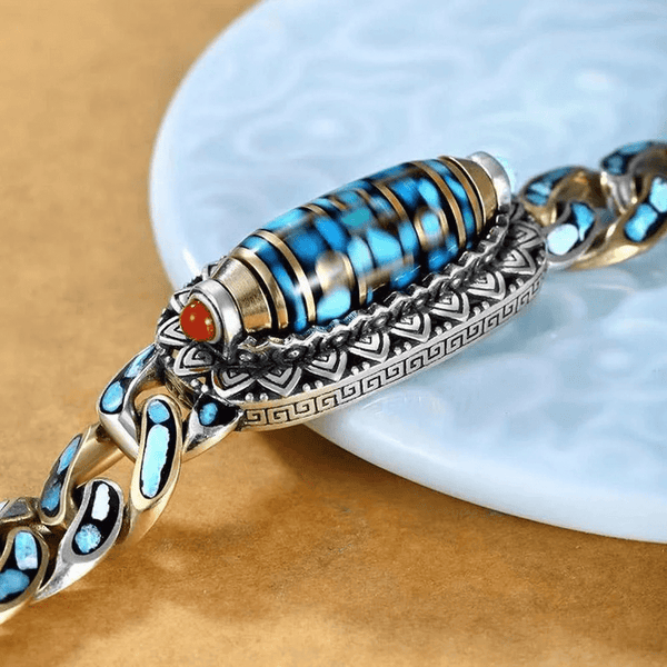 TURQUOISE NINE-EYED DZI - 12mm Pure Copper Bracelet with Box Clasp for Men & Boys (8 inch)