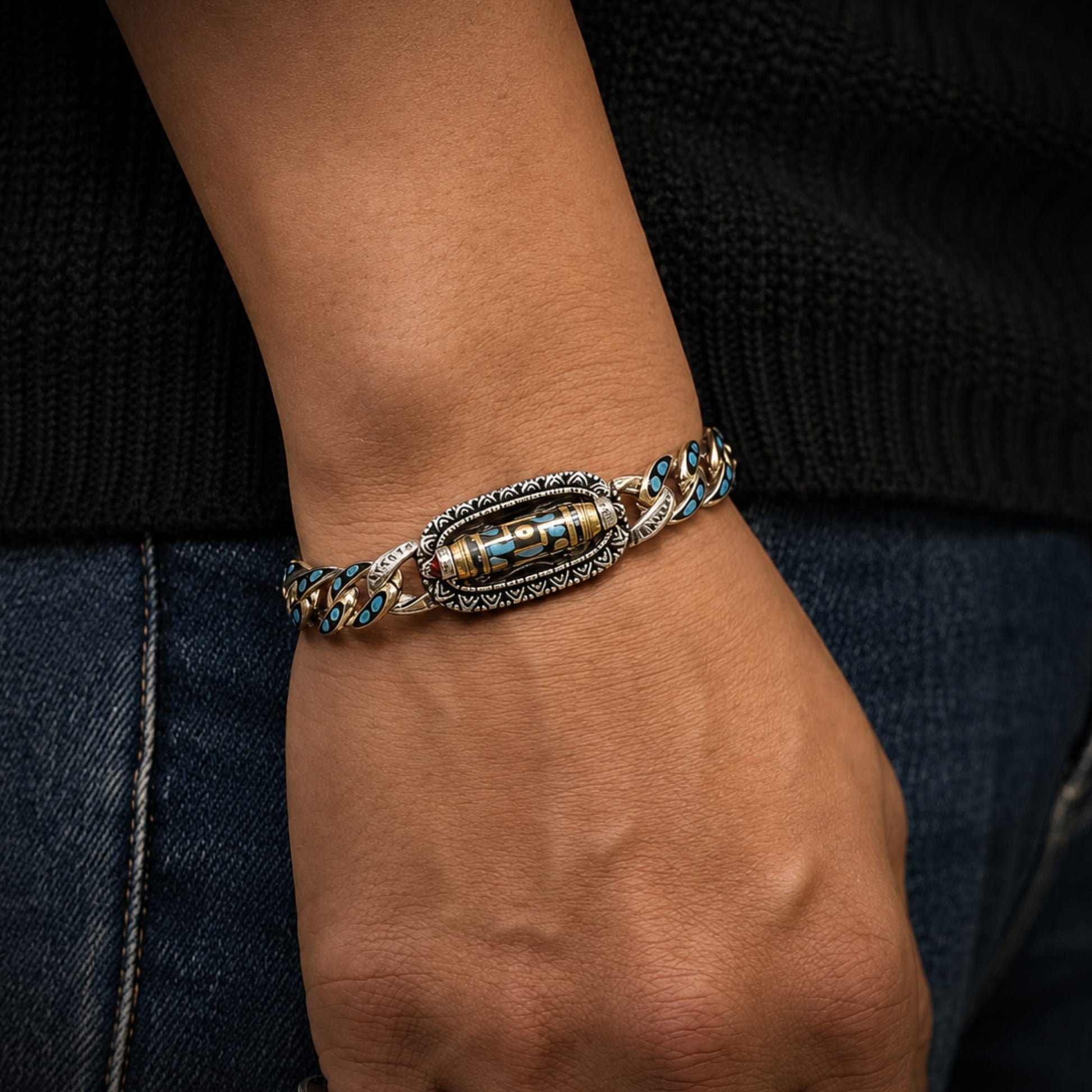 THE MEN THING Steel Bracelets TURQUOISE NINE-EYED DZI - 12mm Pure Copper Bracelet with Box Clasp for Men & Boys (8 inch)