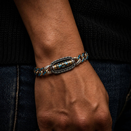 THE MEN THING Steel Bracelets TURQUOISE NINE-EYED DZI - 12mm Pure Copper Bracelet with Box Clasp for Men & Boys (8 inch)