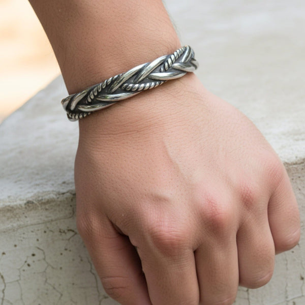 TWISTED TEXTURE - Open Bangle Bracelet (Adjustable) - 12mm Stainless Steel for Men & Boys