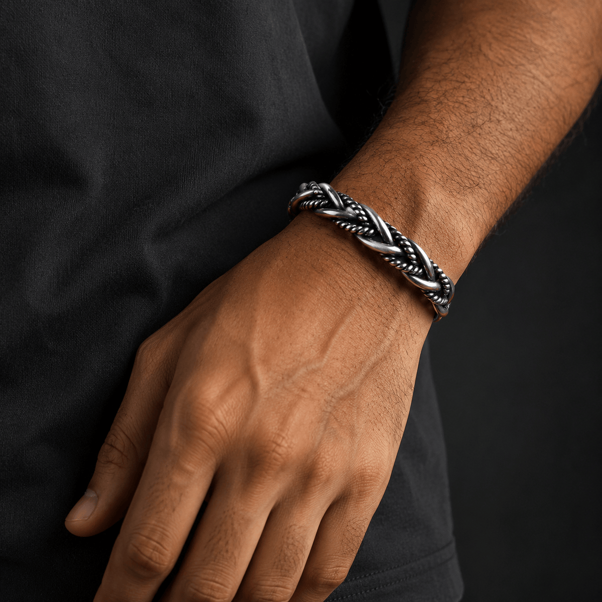 THE MEN THING Steel Bracelets TWISTED TEXTURE - Open Bangle Bracelet (Adjustable) - 12mm Stainless Steel for Men & Boys