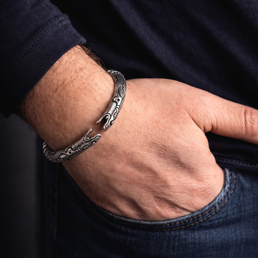 THE MEN THING Steel Bracelets TWO HEADED DRAGON - "7" mm Pure Alloy Silver Cuff Adjustable Bracelet for Men & Boy