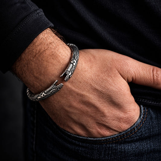 THE MEN THING Steel Bracelets TWO HEADED DRAGON - "7" mm Pure Alloy Silver Cuff Adjustable Bracelet for Men & Boy