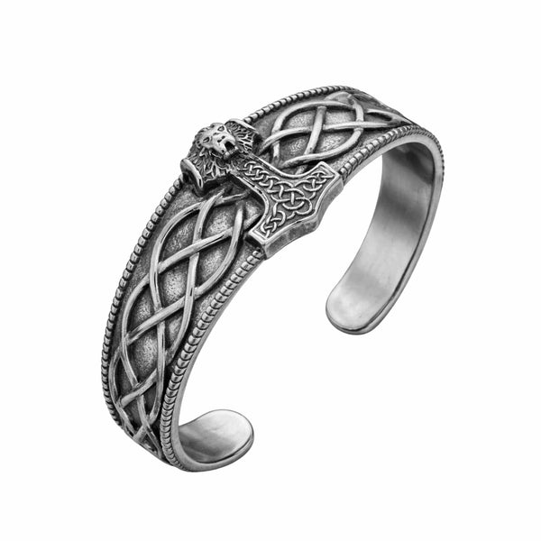 VALKNUT WOLF - Pure Stainless Steel Open Bangle Bracelet (Adjustable) for Men & Boys