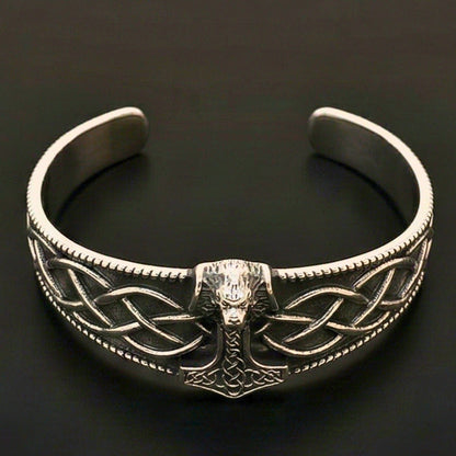 THE MEN THING Steel Bracelets VALKNUT WOLF - Pure Stainless Steel Open Bangle Bracelet (Adjustable) for Men & Boys