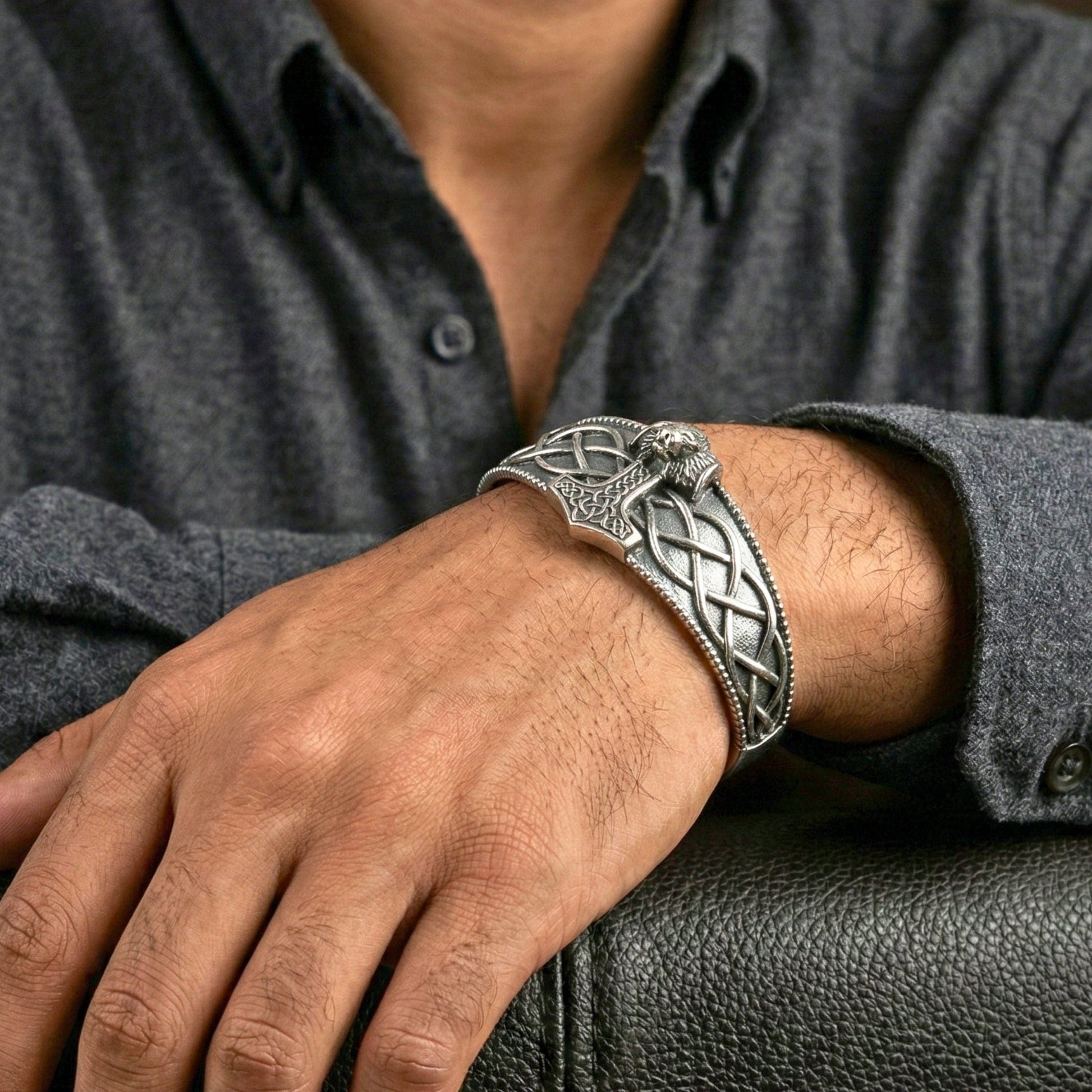 THE MEN THING Steel Bracelets VALKNUT WOLF - Pure Stainless Steel Open Bangle Bracelet (Adjustable) for Men & Boys