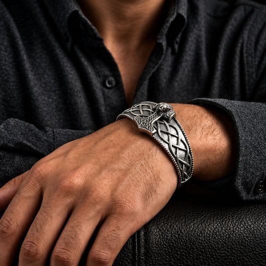 THE MEN THING Steel Bracelets VALKNUT WOLF - Pure Stainless Steel Open Bangle Bracelet (Adjustable) for Men & Boys