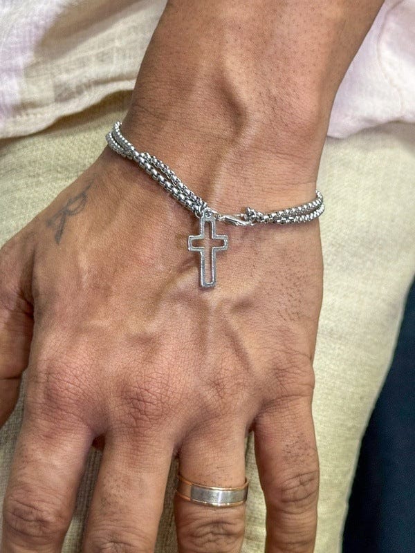 वेक्टरो नेक्सस - शुद्ध स्टेनलेस स्टील डबल चेन क्रॉस खोखले ब्रेसलेट 8 इंच लॉबस्टर क्लॉ बकल के साथ पुरुषों और लड़कों के लिए।