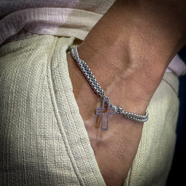 वेक्टरो नेक्सस - शुद्ध स्टेनलेस स्टील डबल चेन क्रॉस खोखले ब्रेसलेट 8 इंच लॉबस्टर क्लॉ बकल के साथ पुरुषों और लड़कों के लिए।