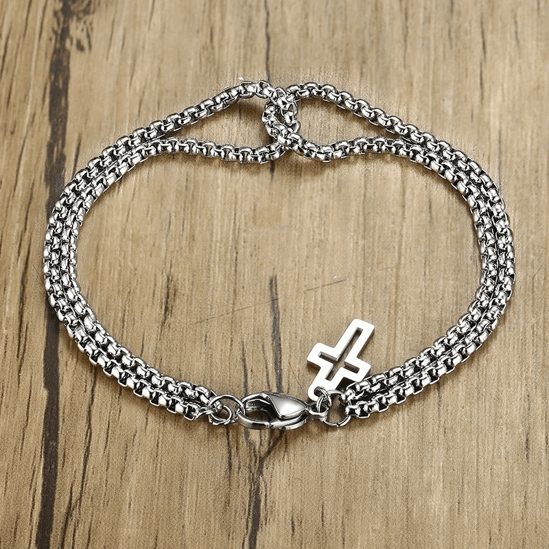 THE MEN THING Steel Bracelets VECTRO NEXUS -  Pure Stainless Steel Double Chain Cross Hollow Bracelet 8 inch with Lobster Claw Buckle for Men & Boy.