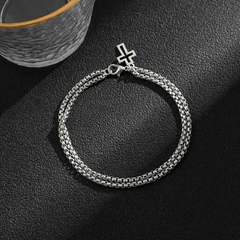 THE MEN THING Steel Bracelets VECTRO NEXUS -  Pure Stainless Steel Double Chain Cross Hollow Bracelet 8 inch with Lobster Claw Buckle for Men & Boy.