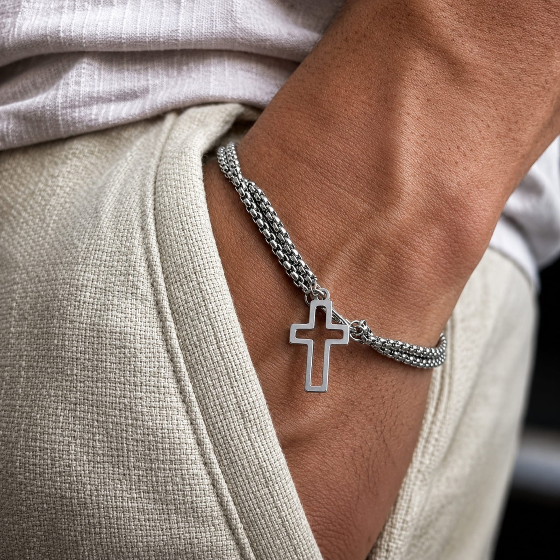 THE MEN THING Steel Bracelets VECTRO NEXUS -  Pure Stainless Steel Double Chain Cross Hollow Bracelet 8 inch with Lobster Claw Buckle for Men & Boy.