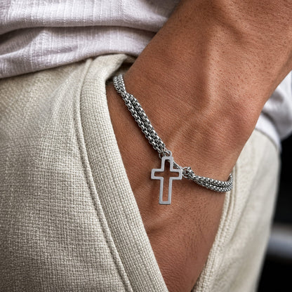 THE MEN THING Steel Bracelets VECTRO NEXUS -  Pure Stainless Steel Double Chain Cross Hollow Bracelet 8 inch with Lobster Claw Buckle for Men & Boy.