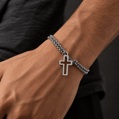 THE MEN THING Steel Bracelets VECTRO NEXUS -  Pure Stainless Steel Double Chain Cross Hollow Bracelet 8 inch with Lobster Claw Buckle for Men & Boy.