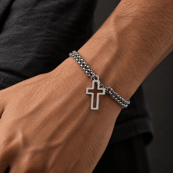 VECTRO NEXUS -  Pure Stainless Steel Double Chain Cross Hollow Bracelet 8 inch with Lobster Claw Buckle for Men & Boy.