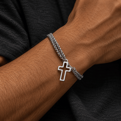 THE MEN THING Steel Bracelets VECTRO NEXUS -  Pure Stainless Steel Double Chain Cross Hollow Bracelet 8 inch with Lobster Claw Buckle for Men & Boy.