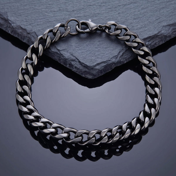 VELOC CURB - BLACK - 8mm Titanium Steel Bracelet with Lobster Clasp for Men & Boy 9 inch