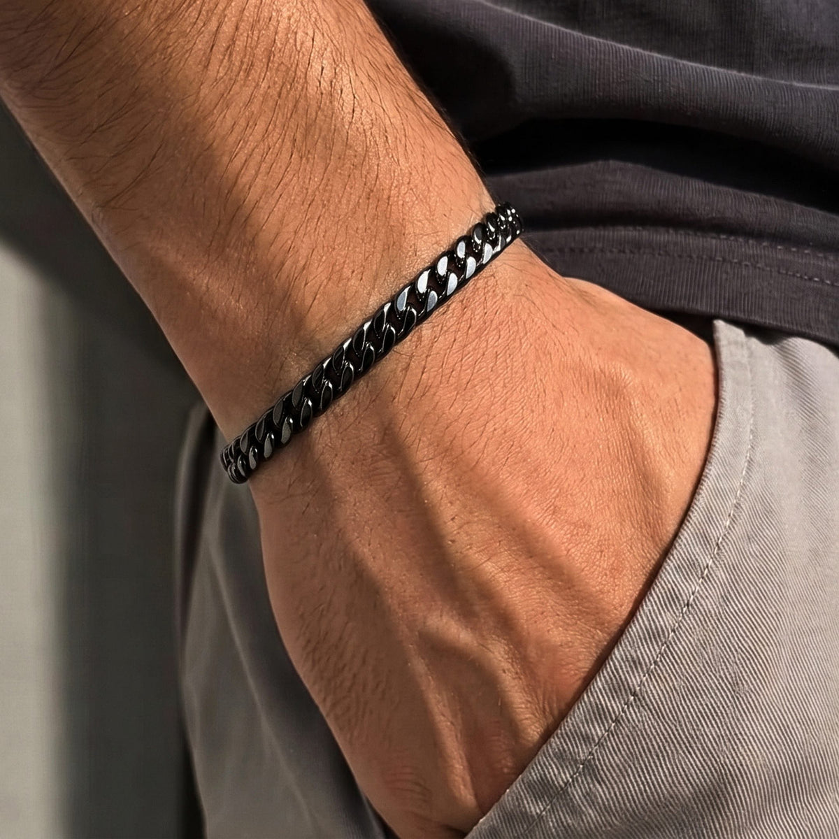 THE MEN THING Steel Bracelets VELOC CURB - BLACK - 8mm Titanium Steel Bracelet with Lobster Clasp for Men & Boy 9 inch