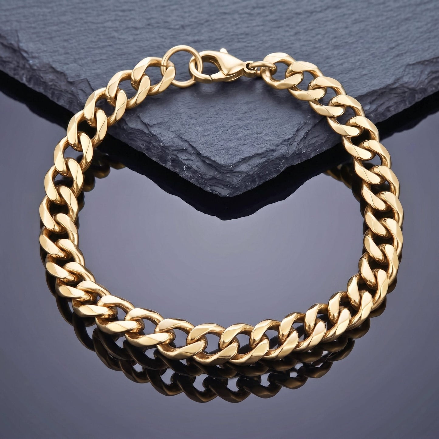 THE MEN THING Steel Bracelets VELOC CURB - GOLDEN - 8mm Titanium Steel Bracelet with Lobster Clasp for Men & Boy 9 inch