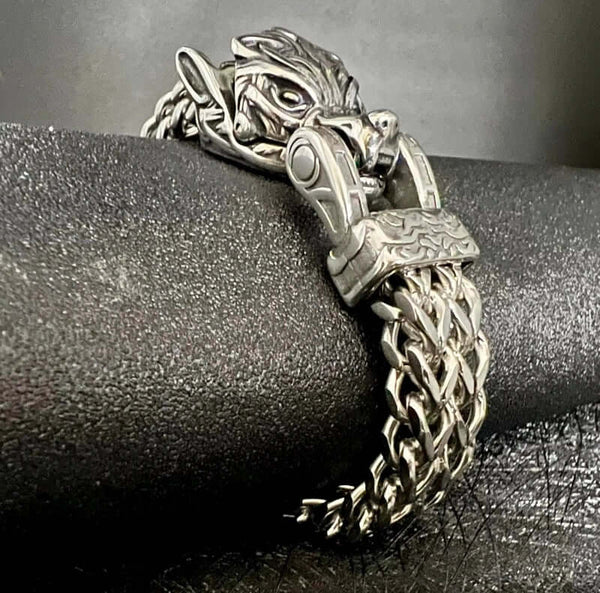 VIKING WOLF HEAD -  12mm Pure Titanium Steel Bracelet, American trending Style -  Norse Bracelet for Men & Boys (8inch)