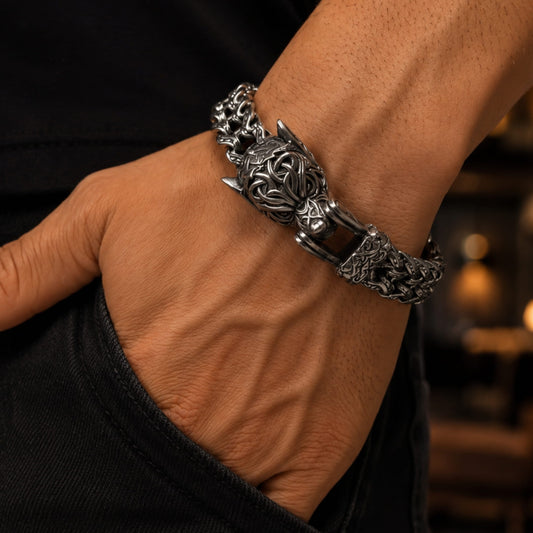 THE MEN THING Steel Bracelets VIKING WOLF HEAD -  12mm Pure Titanium Steel Bracelet, American trending Style -  Norse Bracelet for Men & Boys (8inch)