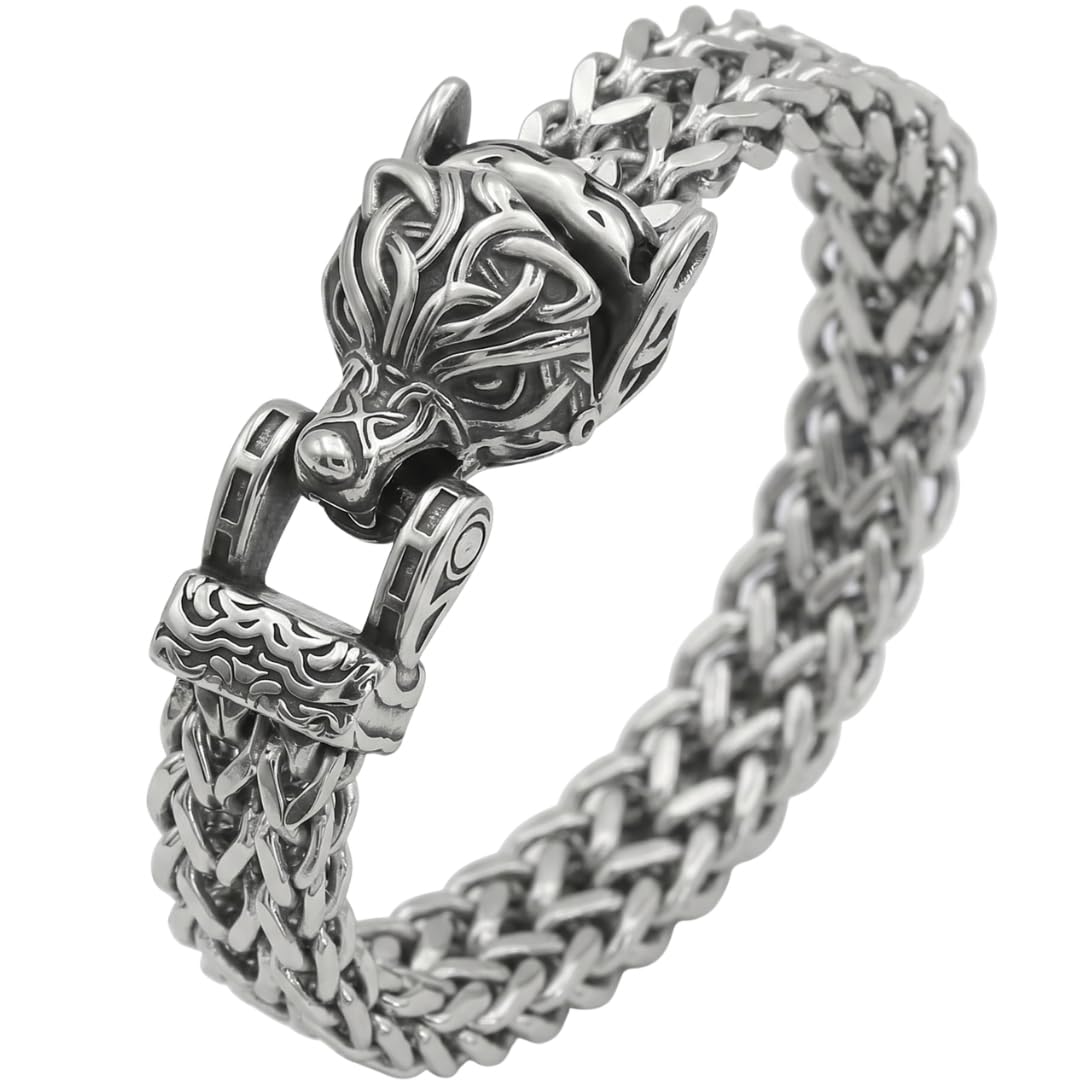 THE MEN THING Steel Bracelets VIKING WOLF HEAD -  12mm Pure Titanium Steel Bracelet, American trending Style -  Norse Bracelet for Men & Boys (8inch)