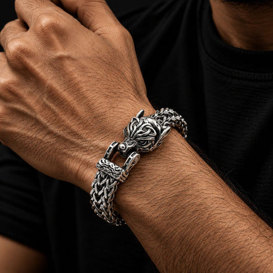 THE MEN THING Steel Bracelets VIKING WOLF HEAD -  12mm Pure Titanium Steel Bracelet, American trending Style -  Norse Bracelet for Men & Boys (8inch)