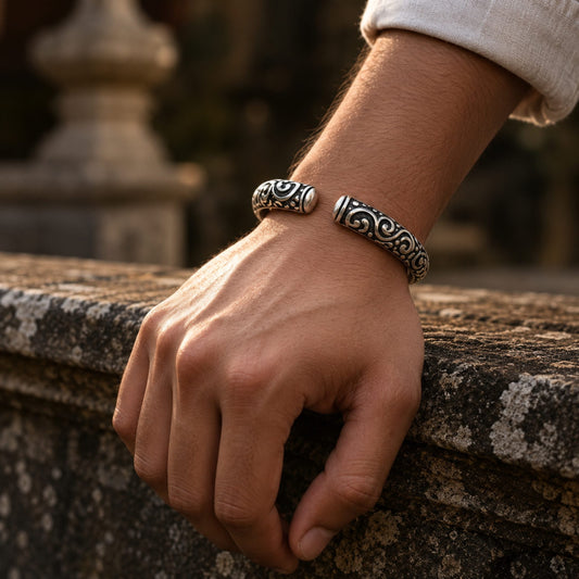 THE MEN THING Steel Bracelets VORTEX ENGRAVED - 8mm Pure Stainless Steel Open Bangle Bracelet (Adjustable) for Men & Boys