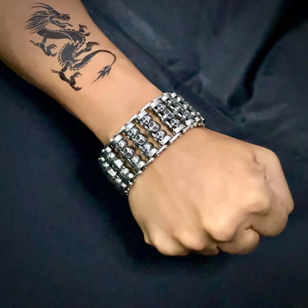 WIDE SKULL - 32mm Pure Titanium Steel Bracelet, Heavy Biker Bracelet for Men & Boy (8inch)
