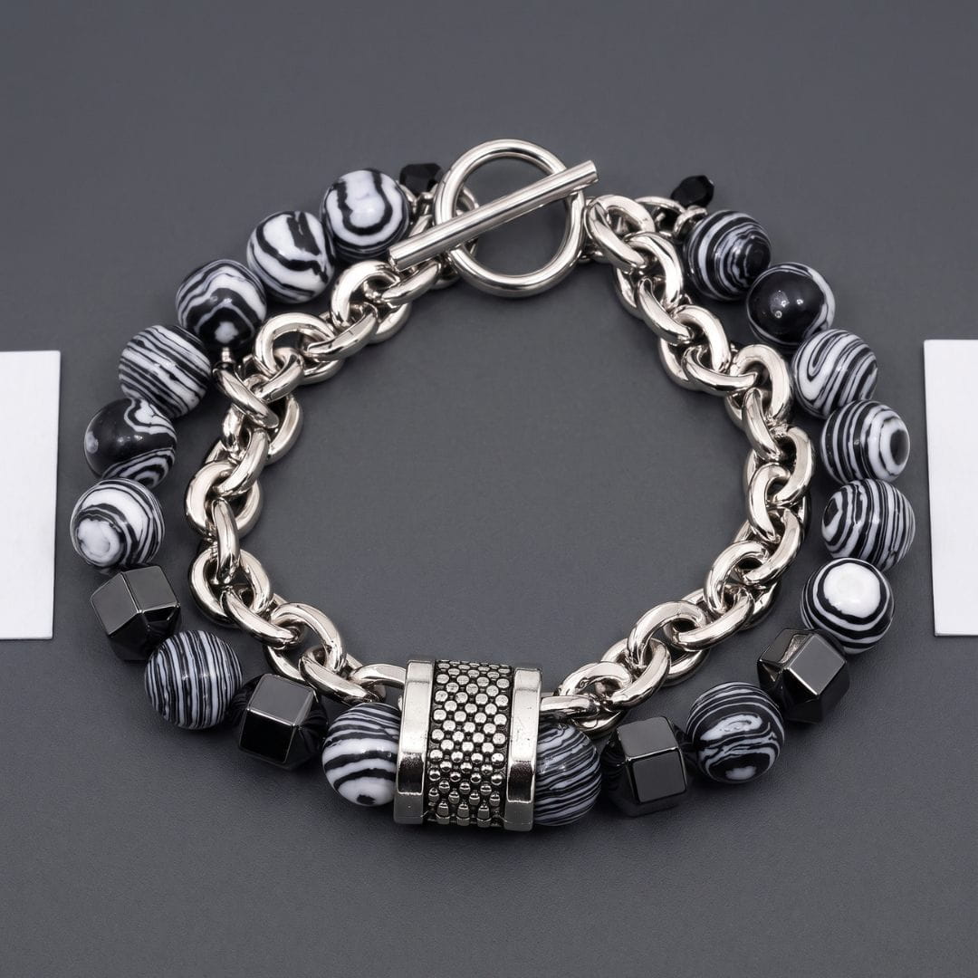THE MEN THING Steel Bracelets WOLF TRAIL GREY - Grey Beads Bracelet for Men & Boys (8 inch)