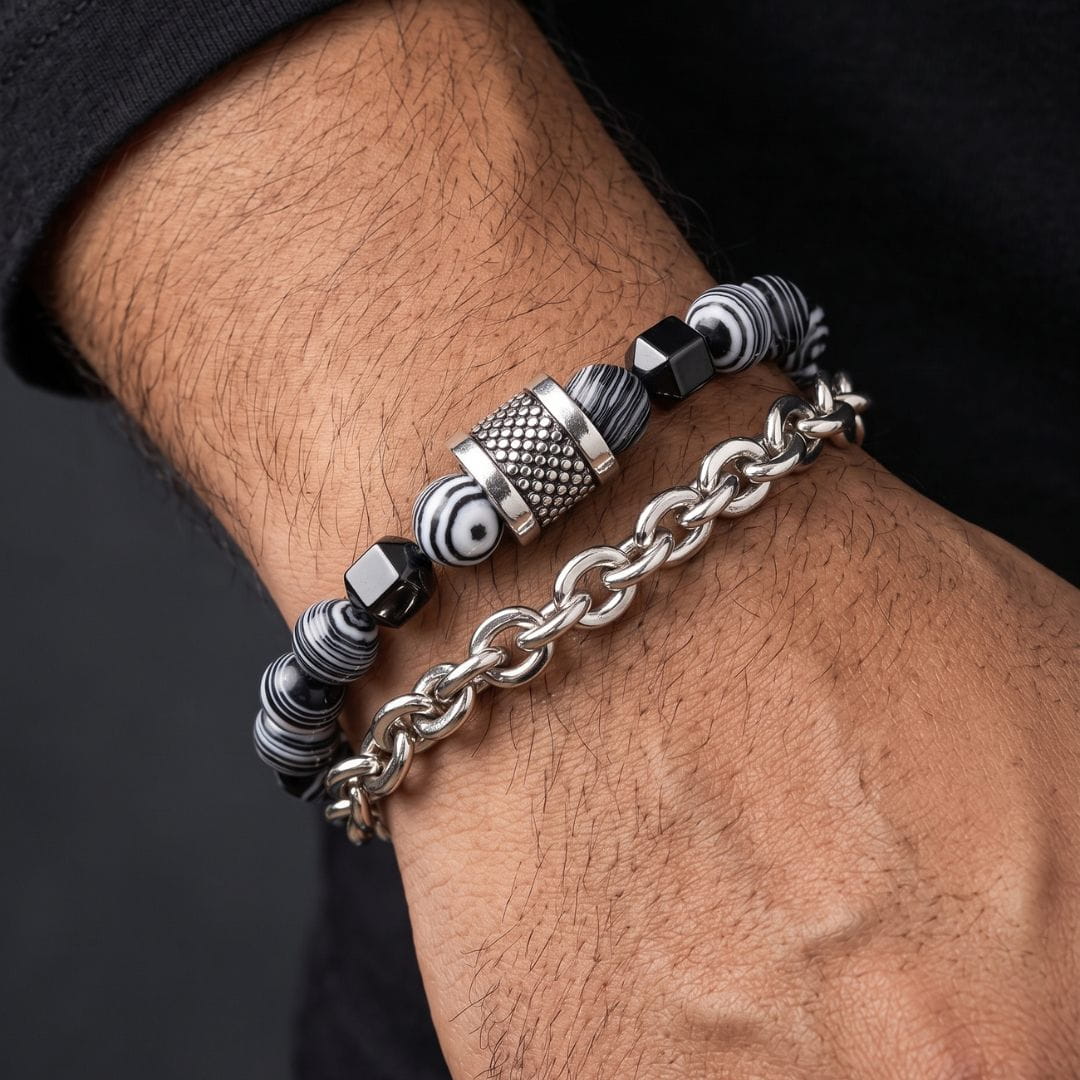 THE MEN THING Steel Bracelets WOLF TRAIL GREY - Grey Beads Bracelet for Men & Boys (8 inch)