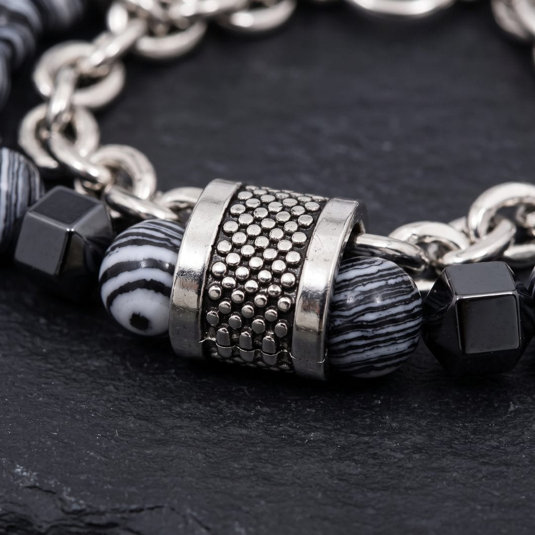 THE MEN THING Steel Bracelets WOLF TRAIL GREY - Grey Beads Bracelet for Men & Boys (8 inch)