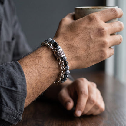 THE MEN THING Steel Bracelets WOLF TRAIL GREY - Grey Beads Bracelet for Men & Boys (8 inch)