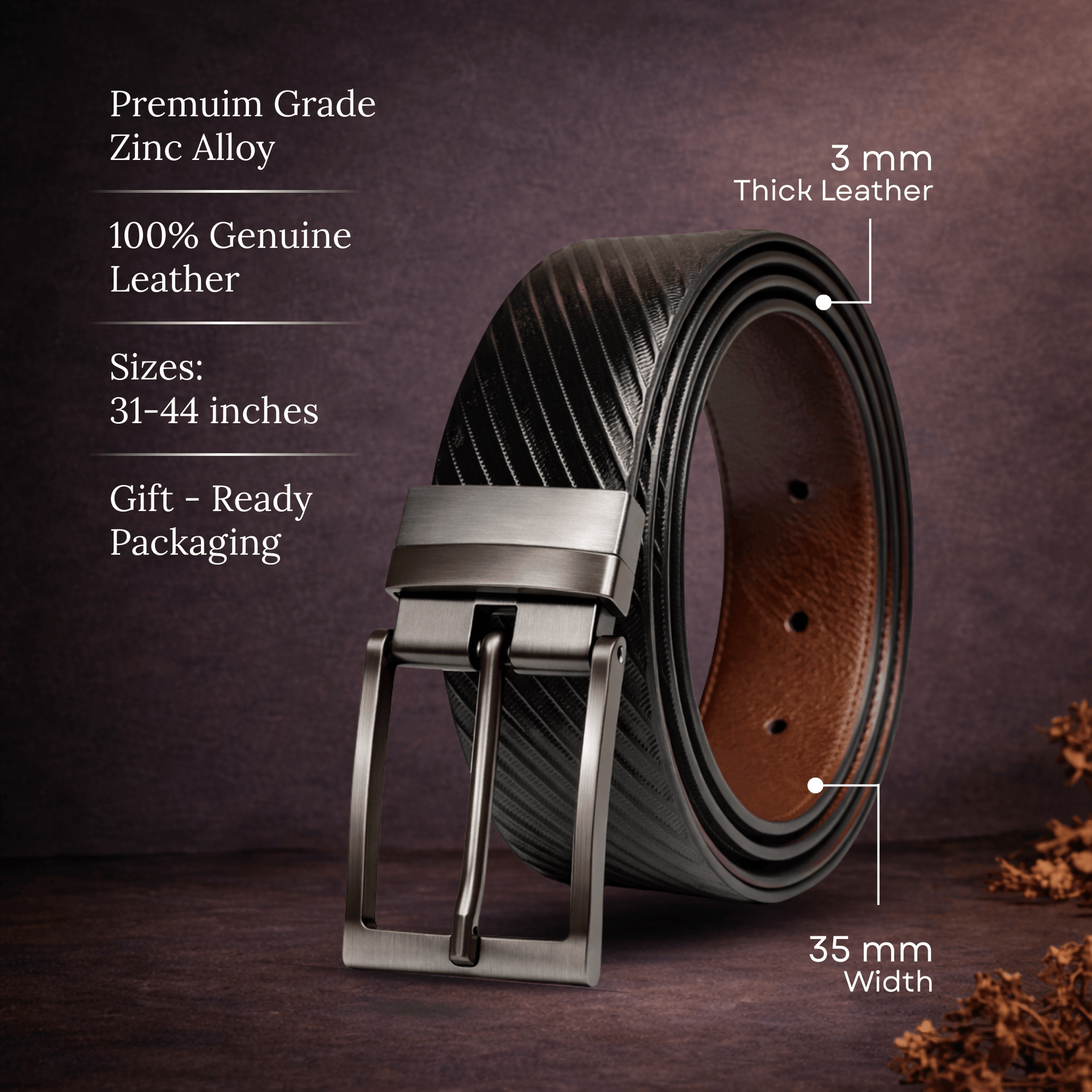 THE MEN THING STRYX BLACK - Premium Genuine Leather Reversible Belt for Men & Boys | Durable & Stylish for Everyday Wear