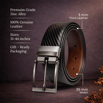THE MEN THING STRYX BLACK - Premium Genuine Leather Reversible Belt for Men & Boys | Durable & Stylish for Everyday Wear