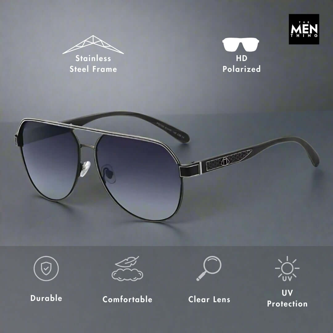 THE MEN THING Sunglasses 2105 DARK HEX -  Aviator  Style - HD Polarised Sunglasses for Men - UV400 Protection, Stainless Steel Frame