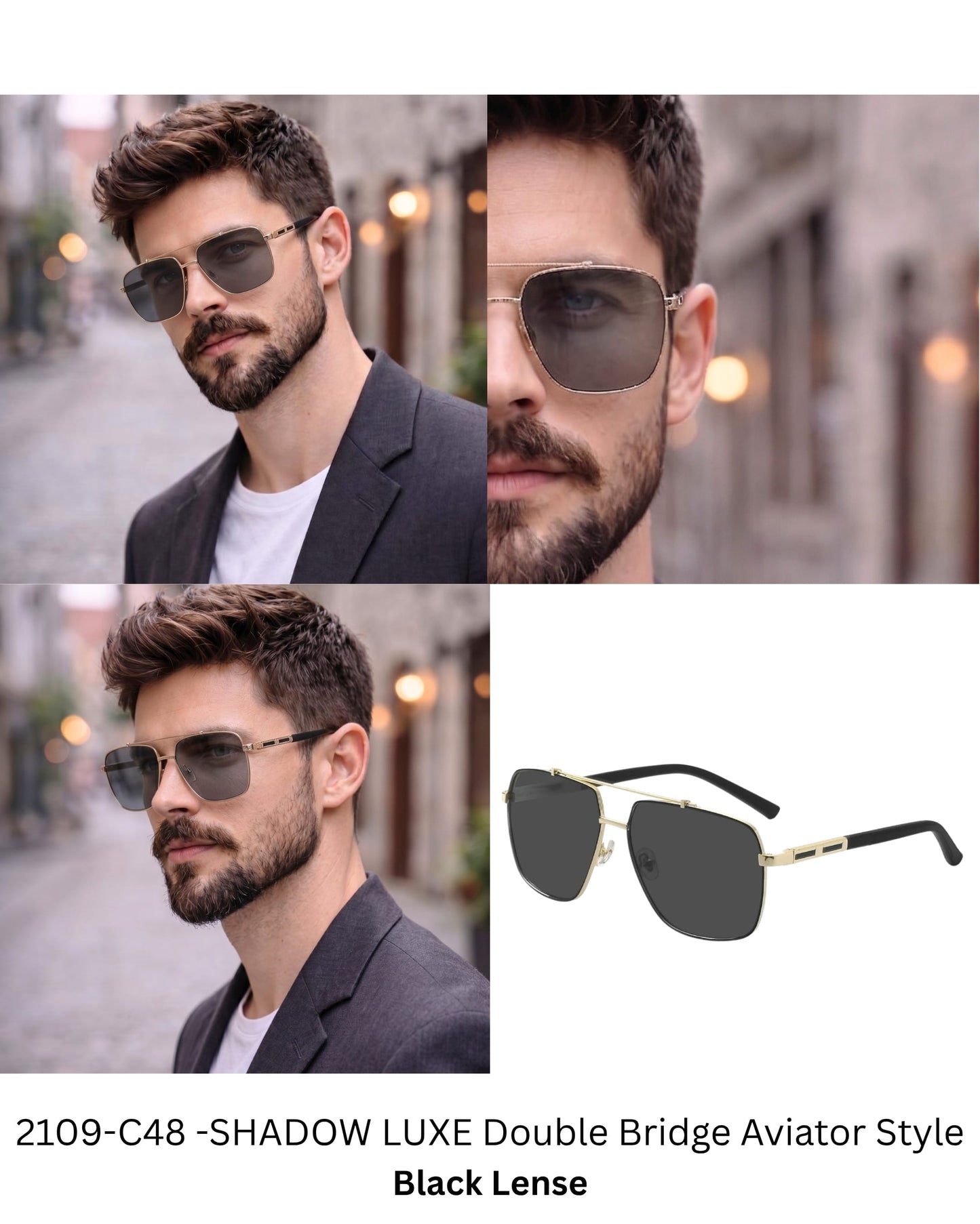 THE MEN THING Sunglasses 2109 SHADOW LUXE -  Double Bridge Aviator Style - HD Polarised Sunglasses for Men - UV400 Protection, Stainless Steel Frame