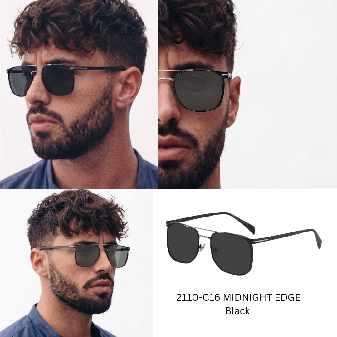 THE MEN THING Sunglasses 2110 MIDNIGHT EDGE  -  Square Aviator Style - HD Polarised Sunglasses for Men - UV400 Protection, Stainless Steel Frame