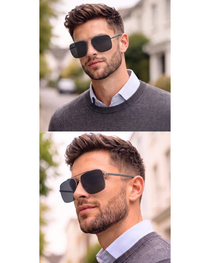 THE MEN THING Sunglasses 2121 SKYLINE LUXE -  Classic Square Aviator Style - HD Polarised Sunglasses for Men - UV400 Protection, Stainless Steel Frame