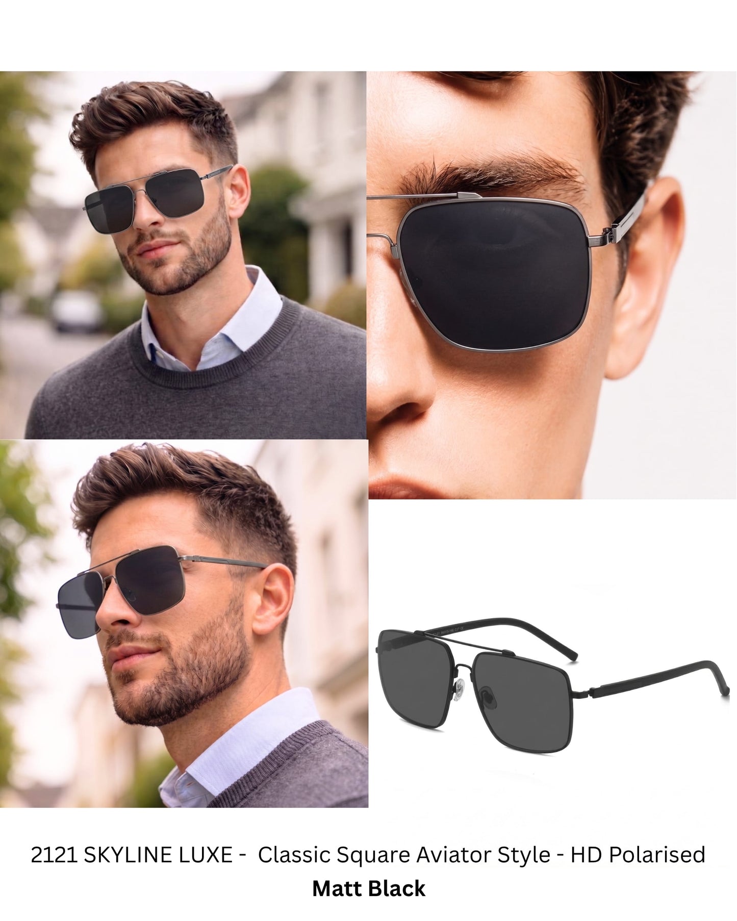 THE MEN THING Sunglasses 2121 SKYLINE LUXE -  Classic Square Aviator Style - HD Polarised Sunglasses for Men - UV400 Protection, Stainless Steel Frame