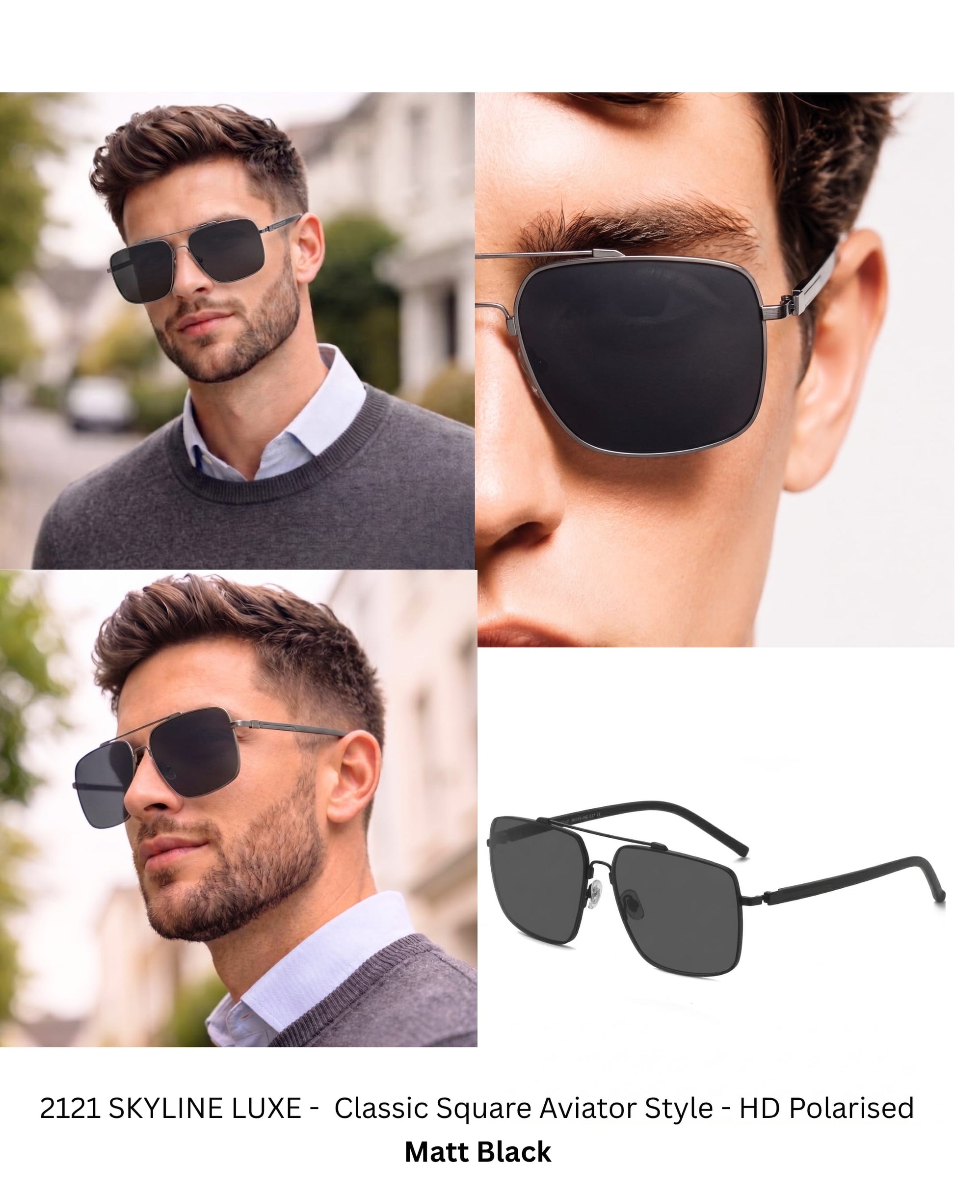 THE MEN THING Sunglasses 2121 SKYLINE LUXE -  Classic Square Aviator Style - HD Polarised Sunglasses for Men - UV400 Protection, Stainless Steel Frame
