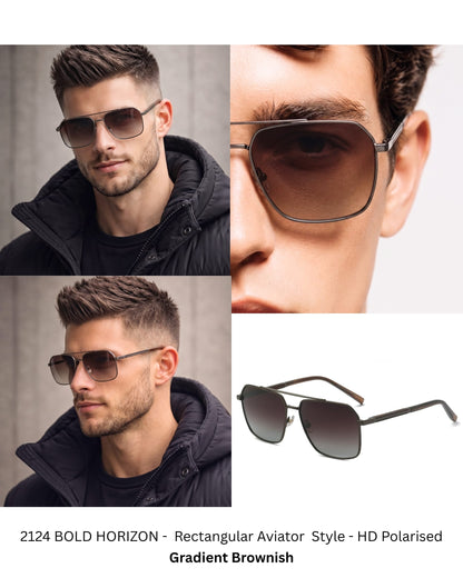 THE MEN THING Sunglasses 2124 BOLD HORIZON -  Rectangular Aviator  Style - HD Polarised Sunglasses for Men - UV400 Protection, Stainless Steel Frame