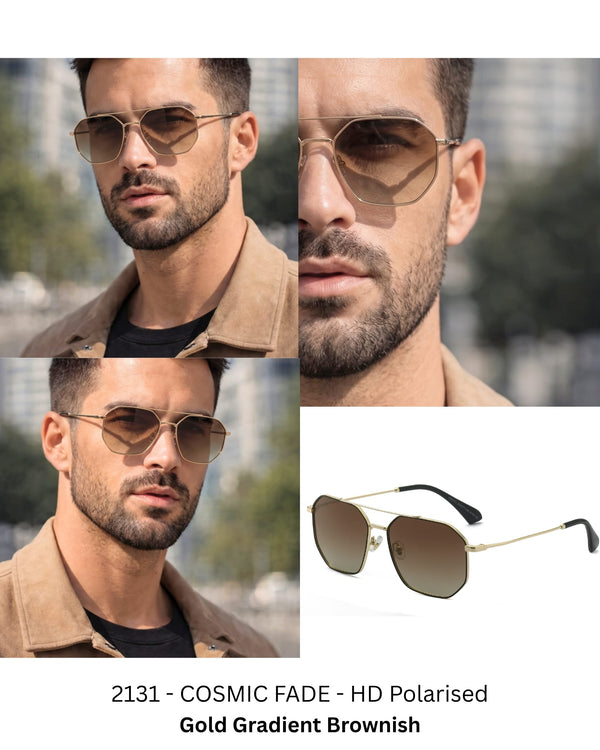 2131 - COSMIC FADE - HD Polarised Sunglasses for Men - UV400 Protection, Stainless Steel Frame - Gold Gradient Brownish