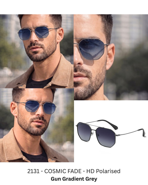 2131 - COSMIC FADE - HD Polarised Sunglasses for Men - UV400 Protection, Stainless Steel Frame - Gun Gradient Grey