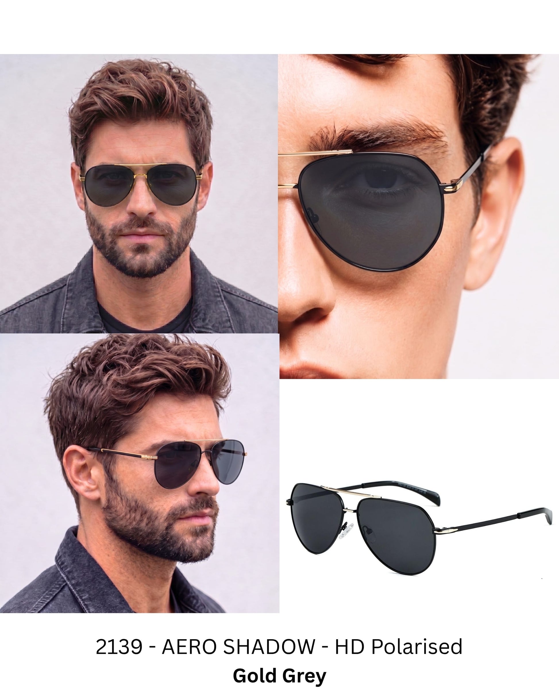 THE MEN THING Sunglasses 2139 - AERO SHADOW - HD Polarised Sunglasses for Men - UV400 Protection, Stainless Steel Frame - Gold Grey